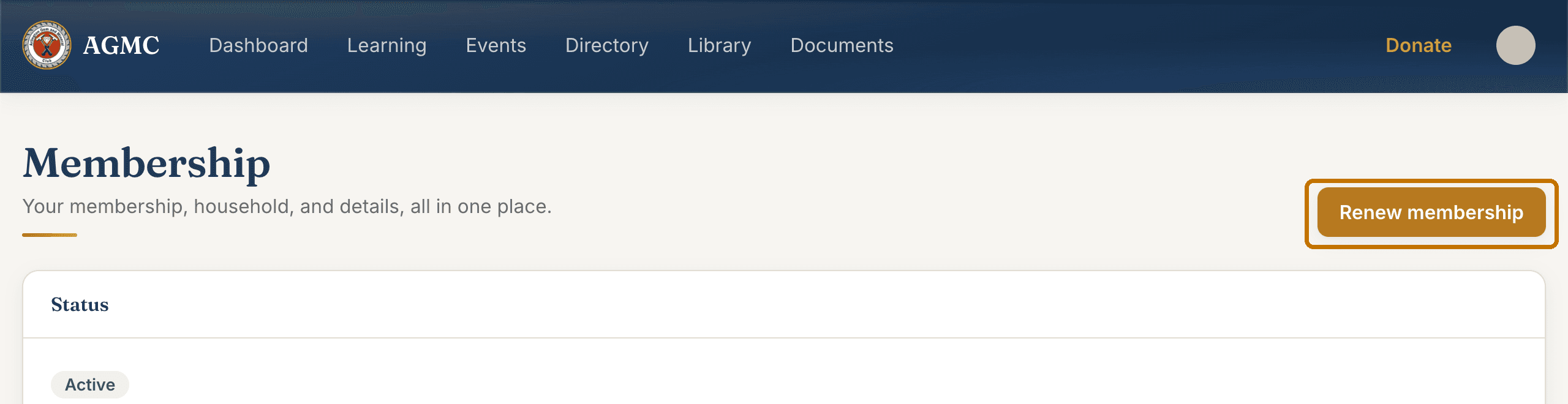 The Membership page. The gold Renew membership button in the top right is circled. Below it, a Status card reads Active, Plan: Family, Covered through November 29, 2027.