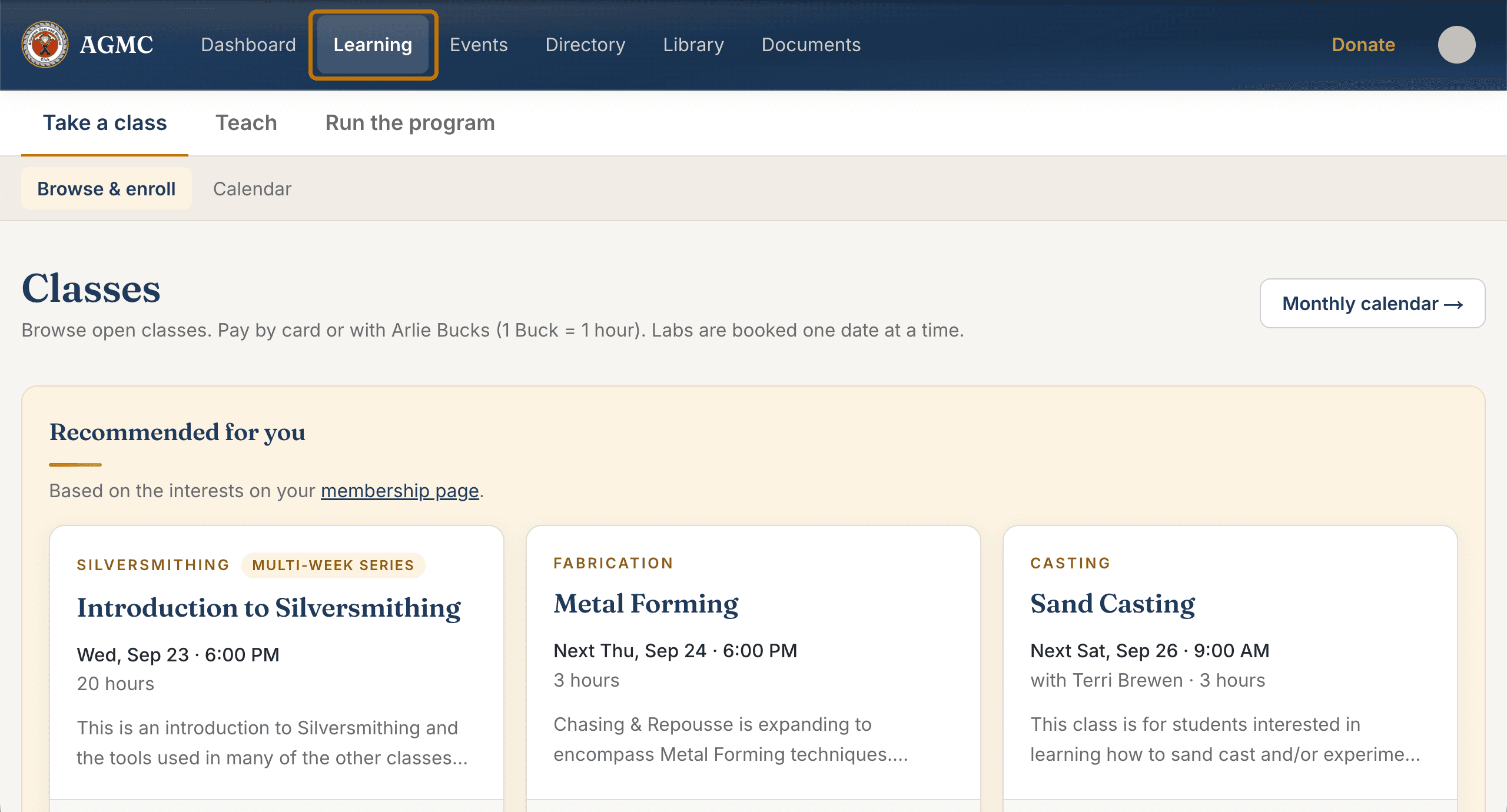 The signed-in Classes page. The Learning link in the top bar is circled. Below the heading, a Recommended for you box lists three class cards: Introduction to Silversmithing, Metal Forming, and Sand Casting, each with its next date and length.