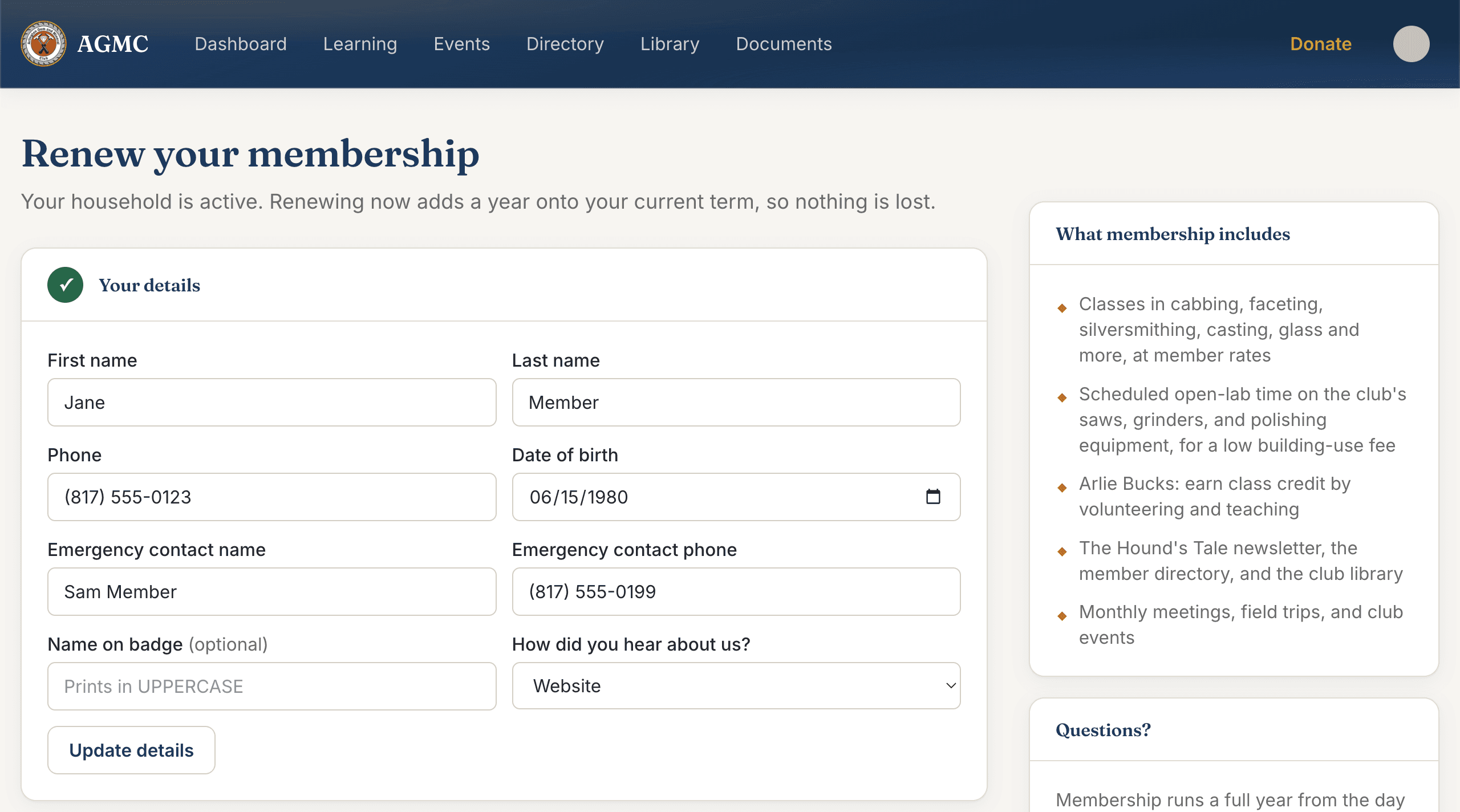 The Renew your membership page. Step 1, Your details, shows a green check and fields for first name, last name, phone, date of birth, emergency contact name and phone, name on badge, and how you heard about us, with an Update details button.