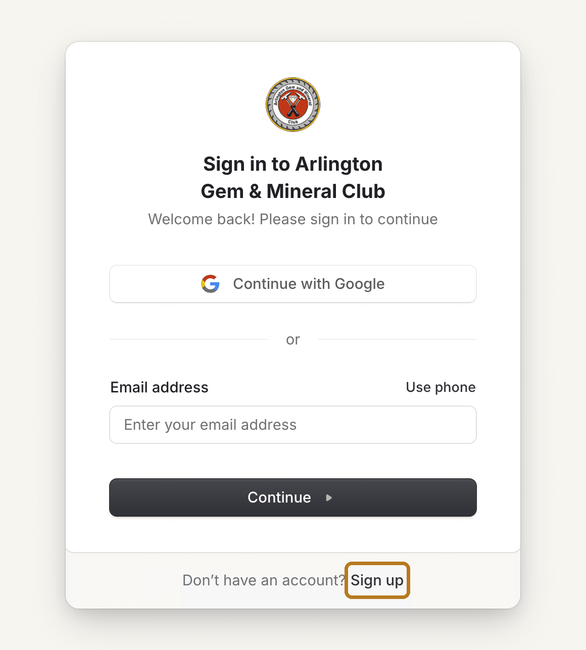 The sign-in card, with the club logo and the heading Sign in to Arlington Gem & Mineral Club. At the bottom, the Sign up link after 'Don't have an account?' is circled.