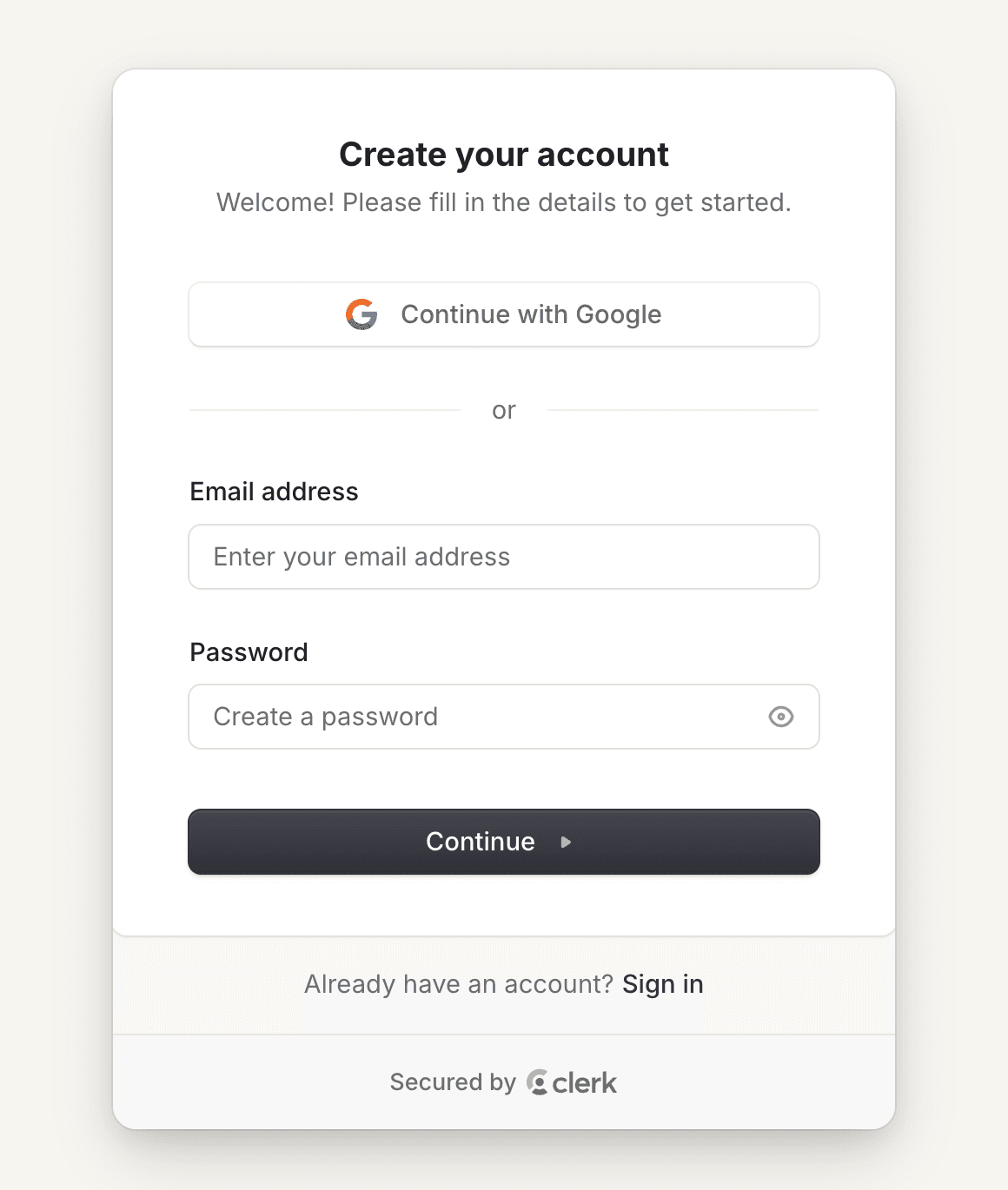 The Create your account card, with a Continue with Google button, an email address field, a password field, and a Continue button.