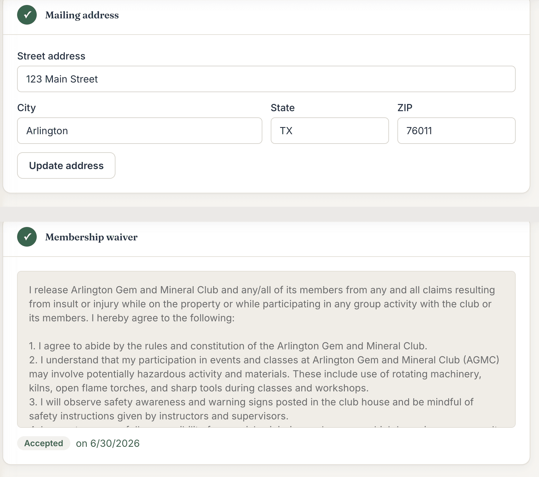 Steps 2 and 3 of the renewal page. Mailing address has street, city, state and ZIP fields and an Update address button. Below it, Membership waiver shows the waiver text in a scrolling box with an Accepted pill and the date it was accepted.