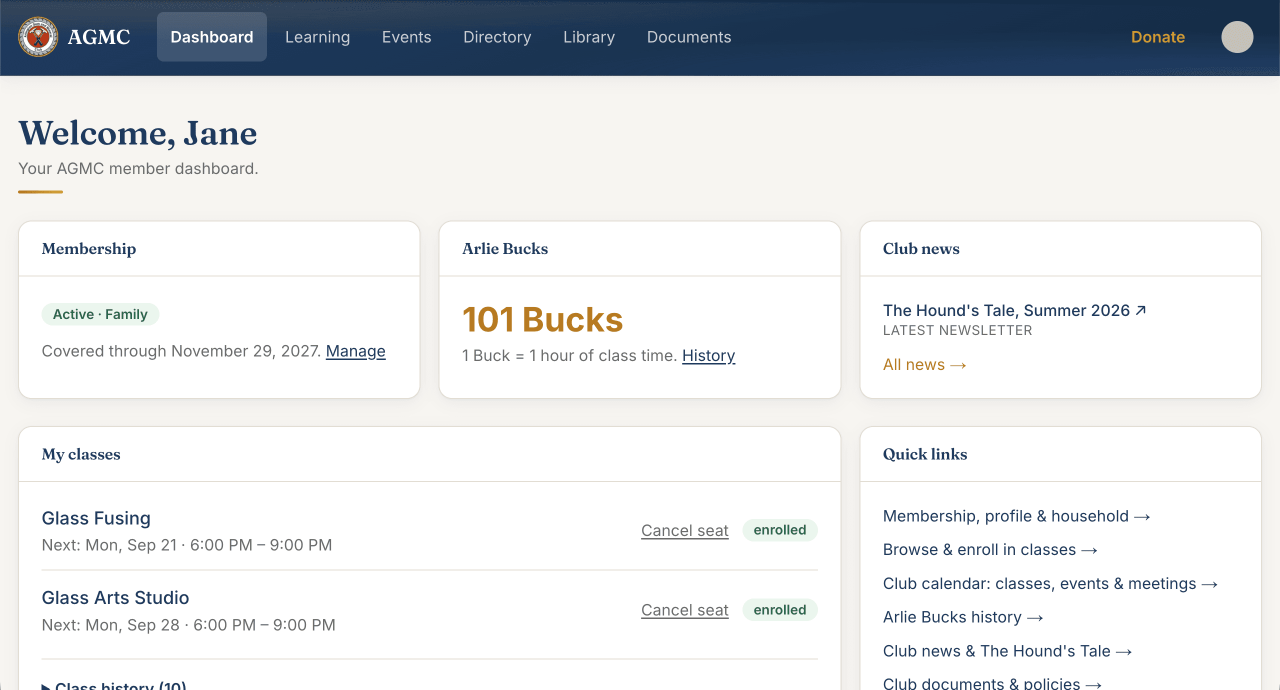 The member dashboard: a Welcome heading, then cards for Membership (Active, Family, covered through a date), Arlie Bucks balance, Club news, My classes with two enrolled classes, and Quick links.